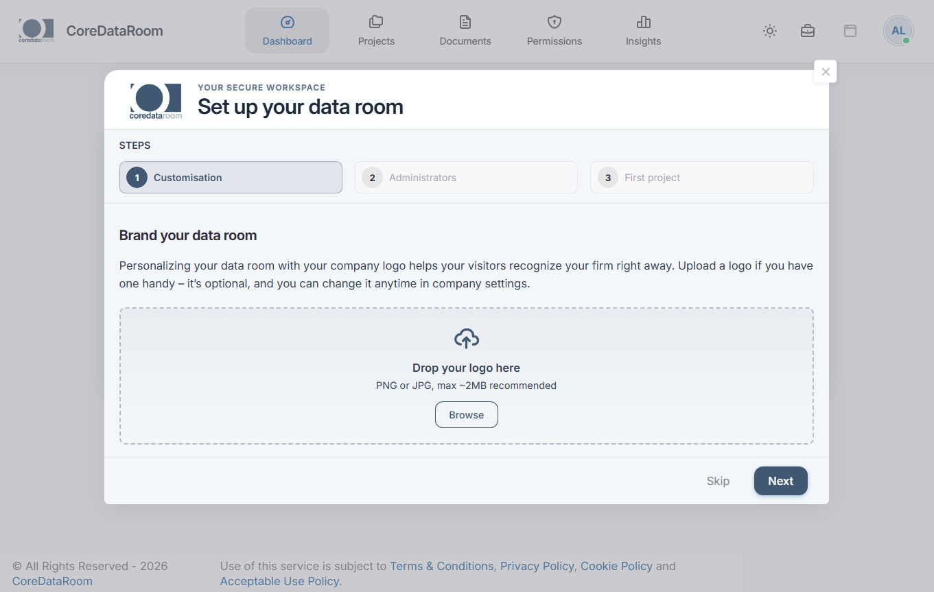 CoreDataRoom onboarding wizard with three steps: Customisation, Administrators, and First project